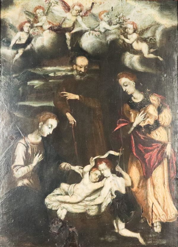 Scuola Veneta Inizio XVII Secolo - "Madonna con Bambino, San Giovannino e Santi", dipinto ad olio su tavola in cornice in legno dorato