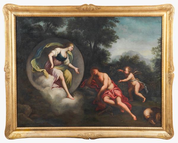 Scuola Bolognese Inizio XVIII Secolo - &quot;Diana and Endymion&quot;, oil painting on canvas in gilded wooden frame