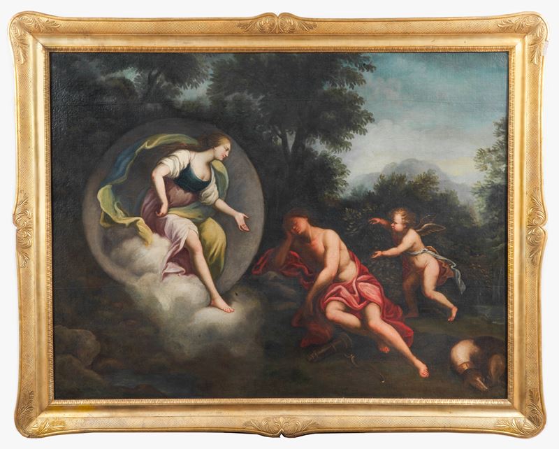 "Diana e Endimione", dipinto ad olio su tela in cornice in legno dorato