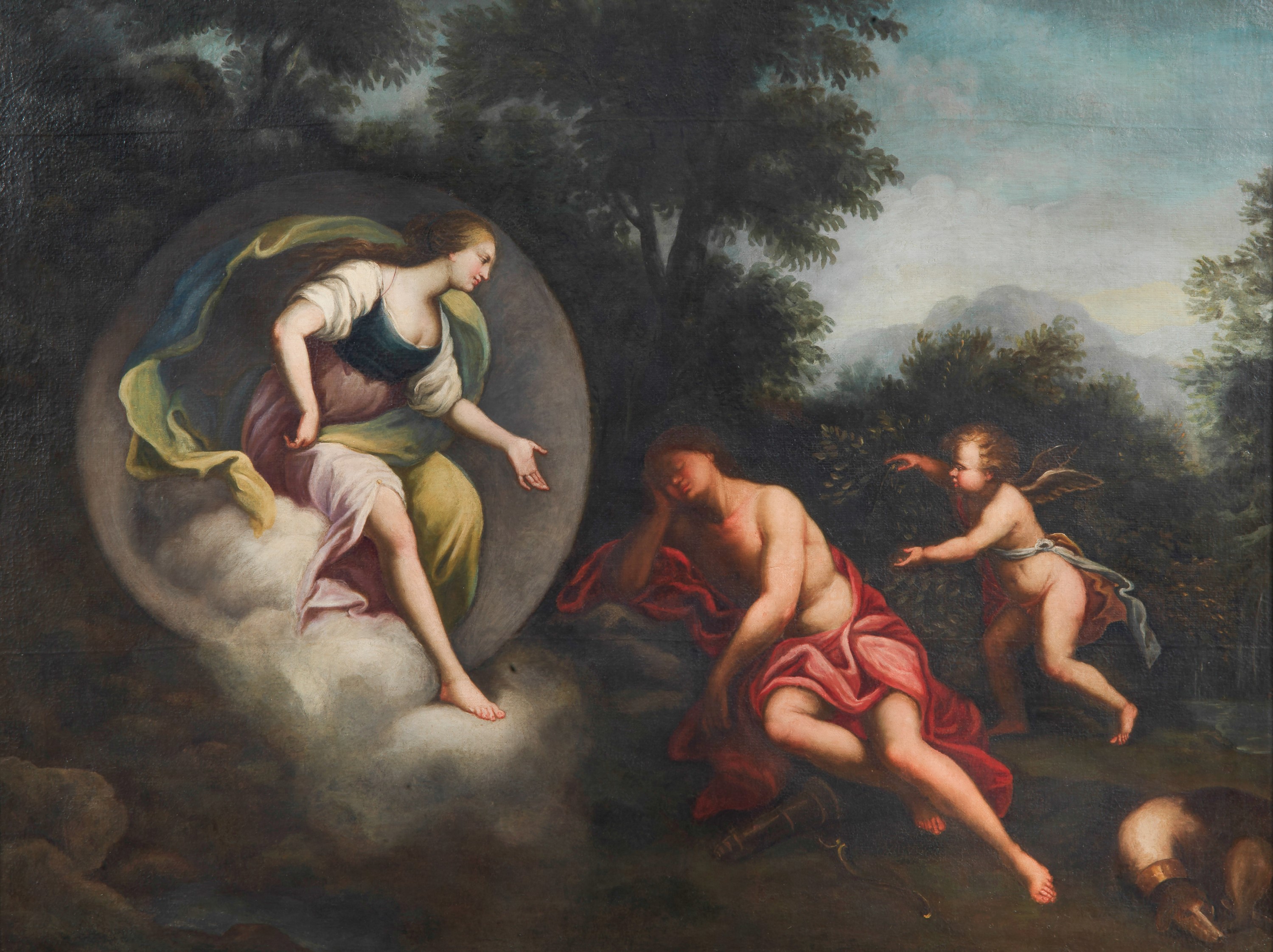 "Diana e Endimione", dipinto ad olio su tela in cornice in legno dorato