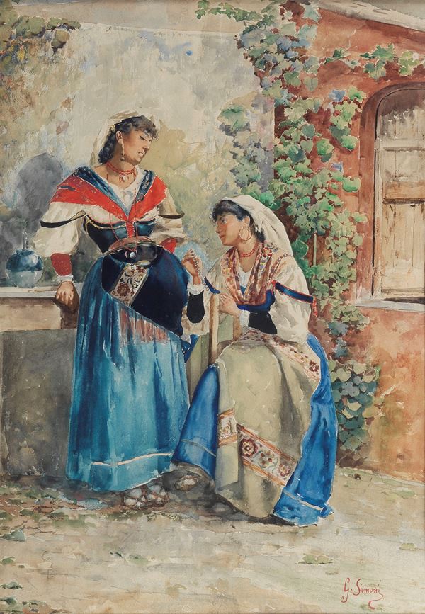 Gustavo Simoni - Signed. &quot;Le chiacchiere delle Ciociare&quot;, bright watercolour on paper of excellent pictorial execution in a pickled and carved wooden frame