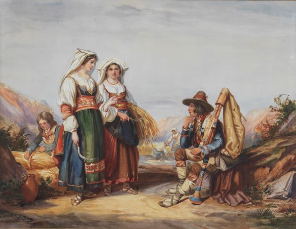 Pittore Francese XIX Secolo - Signed. &quot;Rest after the wheat harvest&quot;, bright watercolour of fine pictorial quality in a gilded wooden frame and passepartout