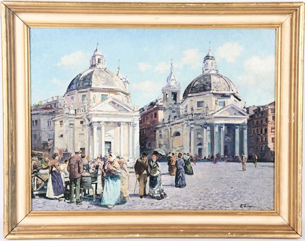 Pittore Inglese Inizio XX Secolo - Firmato. "Veduta di Piazza del Popolo", piccolo dipinto ad olio su masonite in cornice in legno dorato e laccato bianco