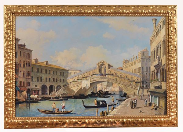 Giuseppe De Winter (1900) - Firmato. "Veduta di Venezia con il Ponte Rialto", dipinto ad olio su tela in cornice in legno dorato e intagliato 