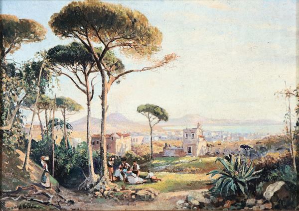 Pittore Inglese Inizio XX Secolo - Signed. &quot;View of the Gulf of Naples with Vesuvius and the farmers&#39; rest&quot;, small oil painting on canvas in a gilded wooden frame