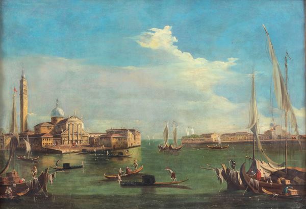 Francesco Tironi - Att.to. "Veduta di Venezia con San Giorgio Maggiore", pregevole dipinto ad olio su tela in cornice dorata e laccata bianca