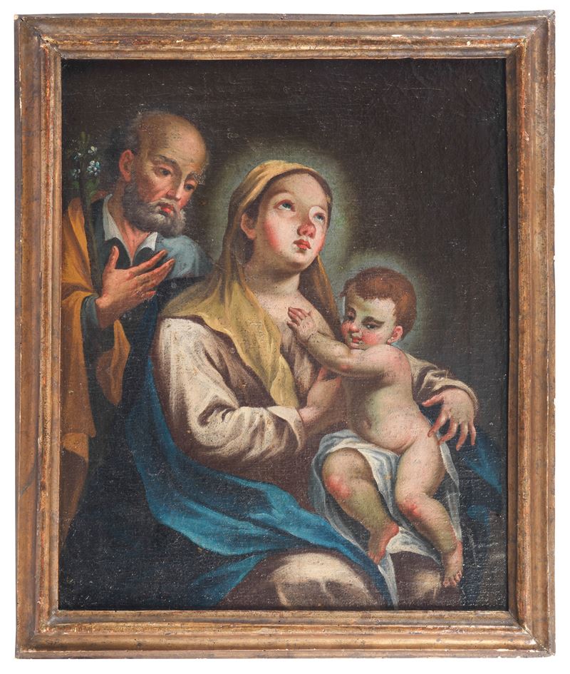 "Sacra Famiglia", dipinto ad olio su tela in cornice in legno patinato