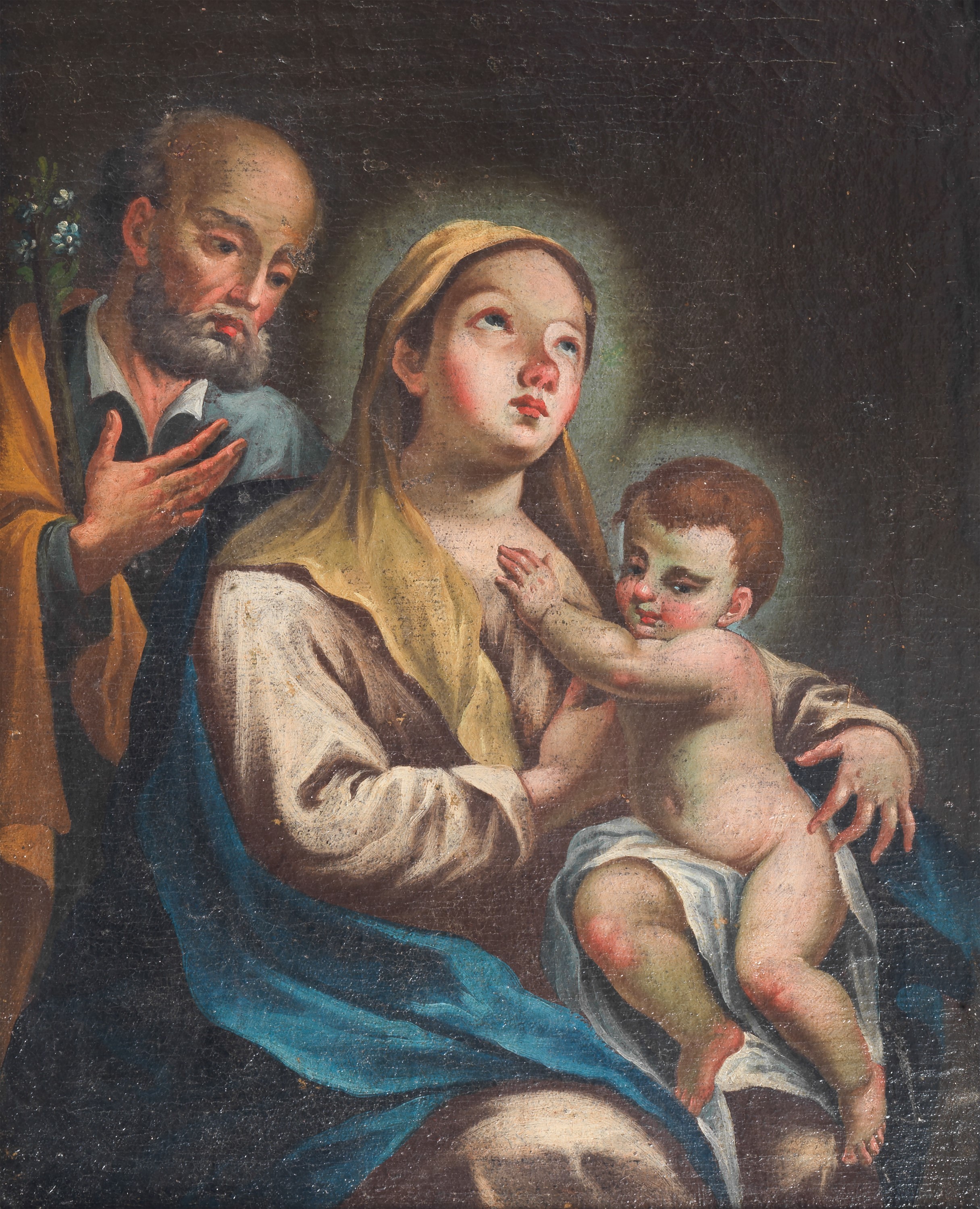 "Sacra Famiglia", dipinto ad olio su tela in cornice in legno patinato