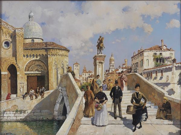 Giuseppe De Winter (1900) - Firmato."Veduta di Venezia", luminoso dipinto ad olio su tela in cornice in legno di noce