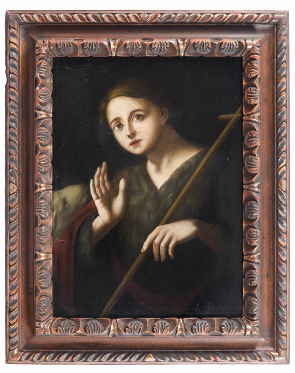 Scuola Genovese Fine XVII Secolo - &quot;San Giovannino&quot;, valuable oil painting on canvas in a carved wooden frame