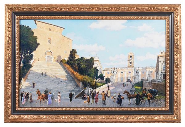 Giuseppe De Winter (1900) - Signed. &quot;View of Santa Maria in Aracoeli&quot;, oil painting on canvas in a gilded and carved wooden frame