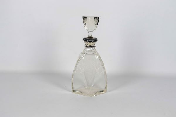 Antique French crystal bottle engraved with Louis XVI motifs, with silver-coated neck