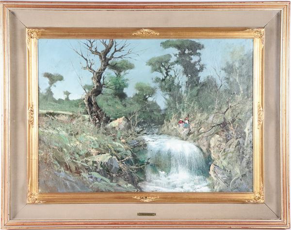 Carmelo Marotta - Signed. &quot;Hillside landscape with trees and waterfall&quot;, bright oil painting on canvas in gilded wooden frame and passepartout