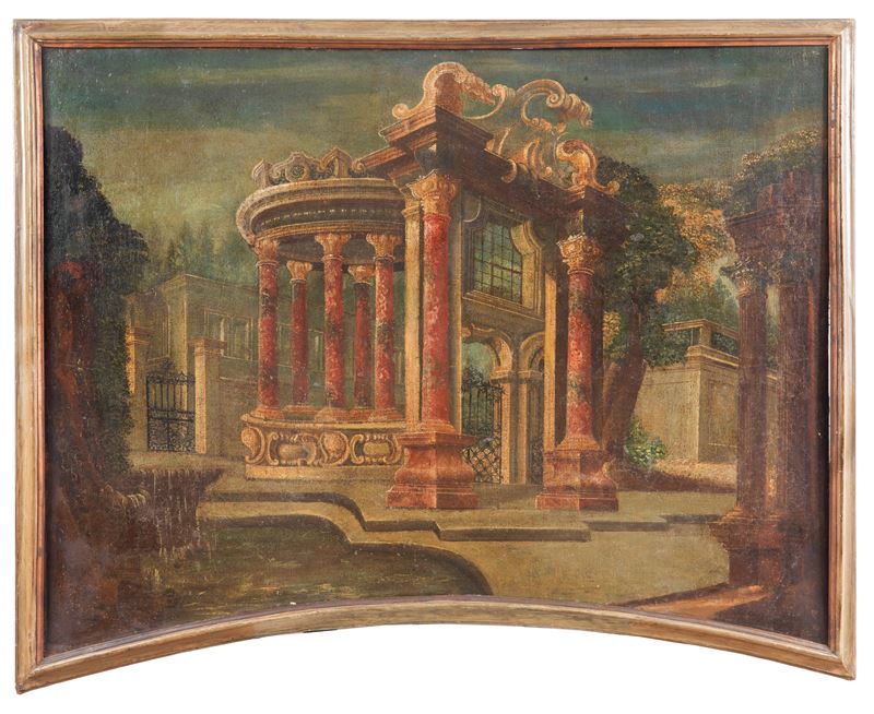 "Interno di Villa Patrizia con architetture", dipinto ad olio su tela a forma sagomata in cornice...