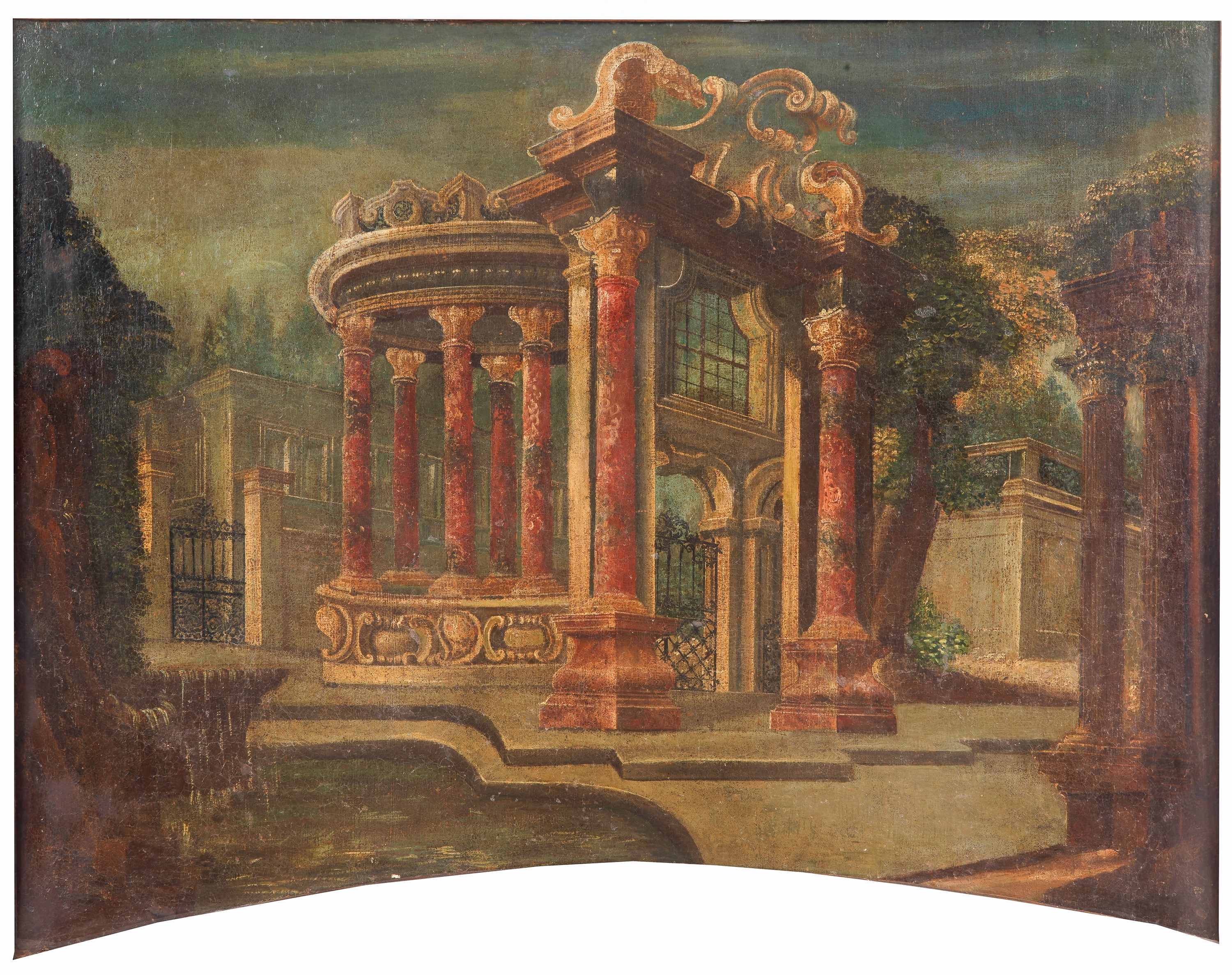 "Interno di Villa Patrizia con architetture", dipinto ad olio su tela a forma sagomata in cornice...