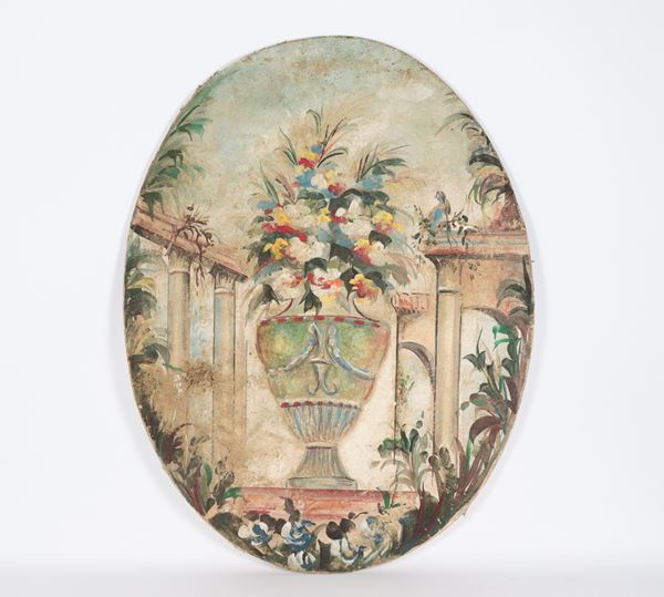 Scuola Italiana XX Secolo - "Vaso con mazzo di fiori e architetture", dipinto ovale ad olio magro