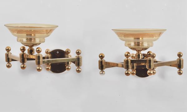 Pair of glass and brass wall lamps, 1 light each