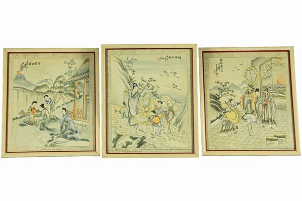Three Drawings painted on silk &quot;Scenes from oriental life&quot;