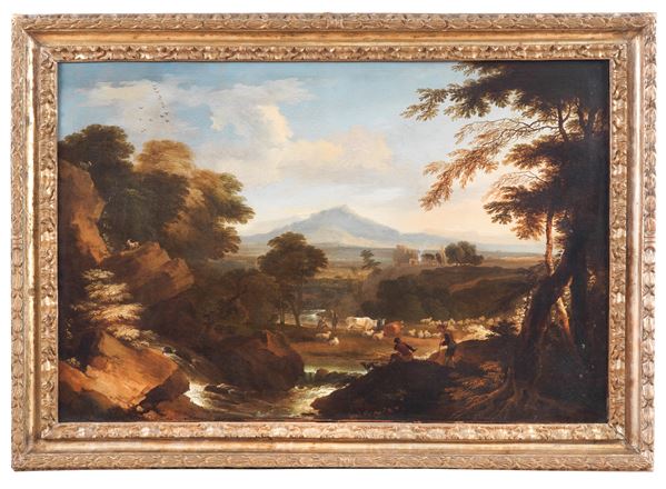 Alessio De Marchis - Workshop of. &quot;Landscape with shepherds, herds and stream&quot;, valuable oil painting on canvas of excellent pictorial execution, in a gilded and carved wooden frame Salvator Rosa