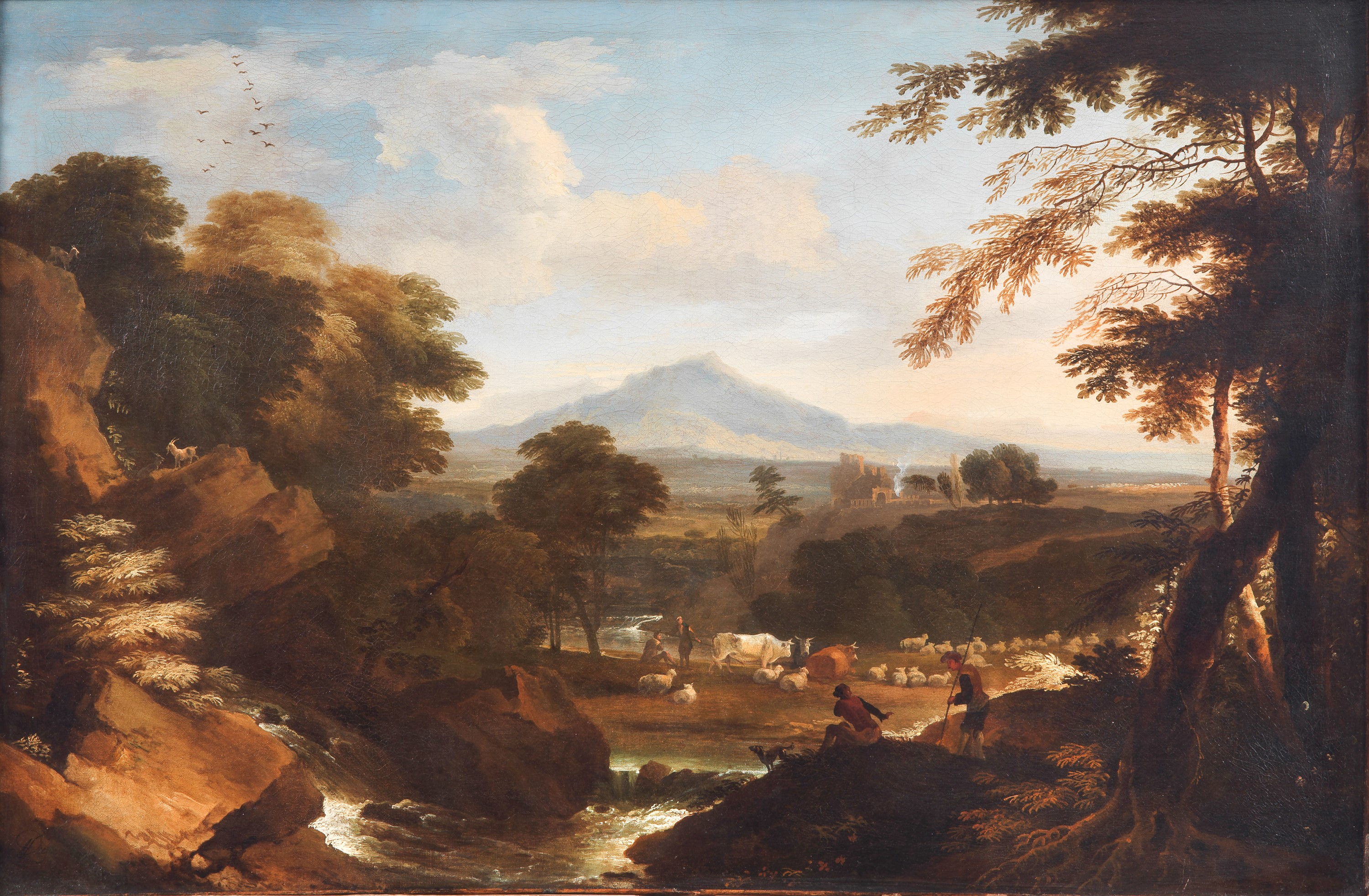 Bottega di. "Paesaggio con pastori, armenti e corso d'acqua", pregevole dipinto ad olio su tela d...