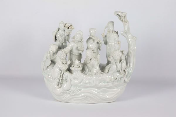 Antico gruppo cinese in porcellana Blanc de Chine con personaggi orientali, Cina Inizio XX Secolo