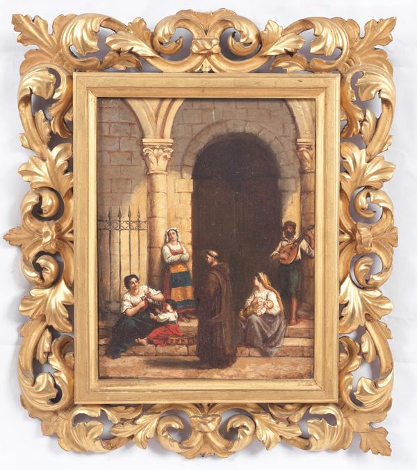 Scuola Italiana Inizio XIX Secolo - &quot;Friar with commoners asking for offerings on the church square&quot;, oil painting on canvas in an ancient richly gilded, carved and perforated frame, the frame has a small lack