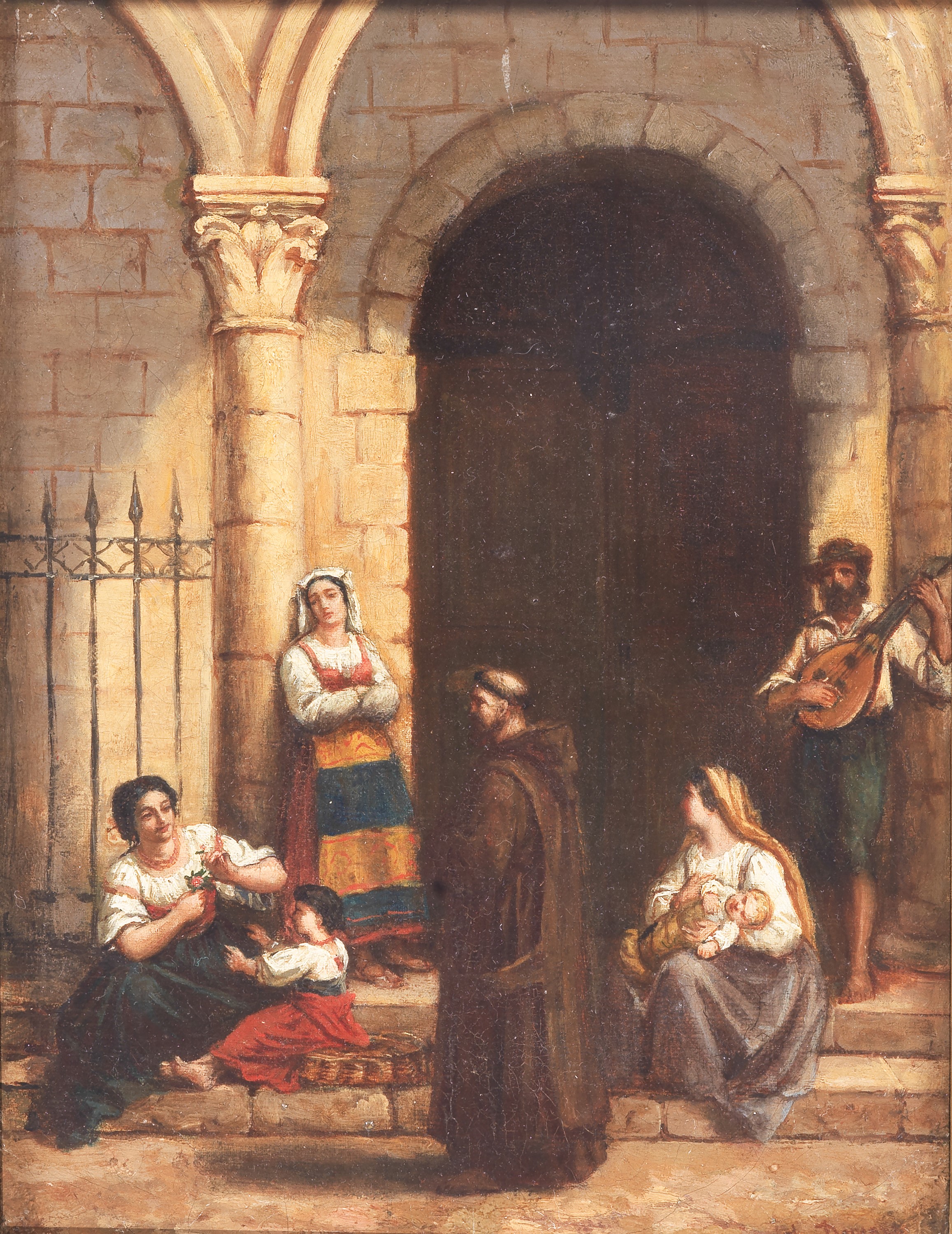 "Frate con popolani che chiedono offerte sul sagrato della chiesa", dipinto ad olio su tela in an...