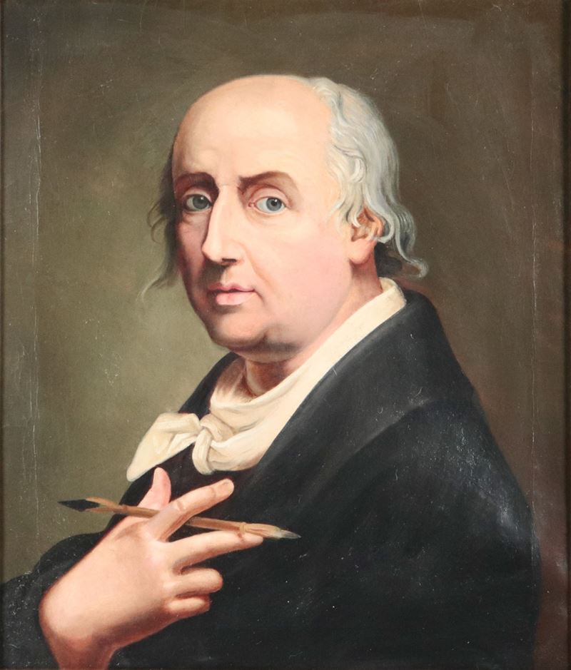 Att.to. "Autoritratto dell'artista", piccolo e luminoso dipinto ad olio su tela, in antica cornic...