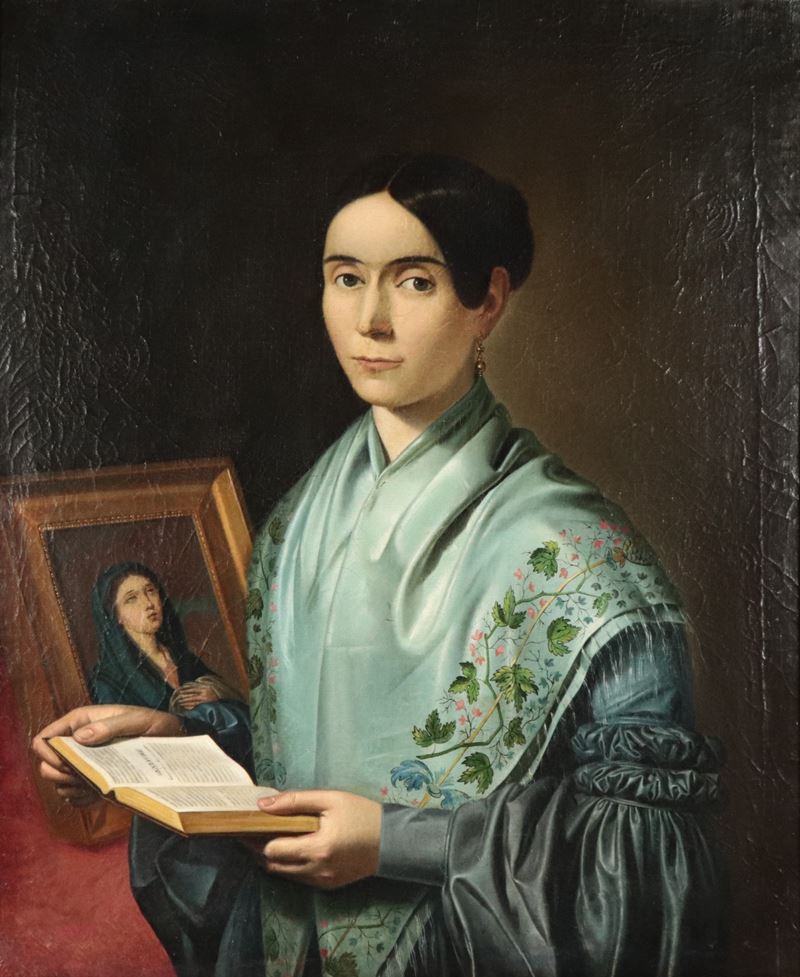 "Ritratto di nobildonna in preghiera", dipinto ad olio su tela in antica cornice in legno dorato ...