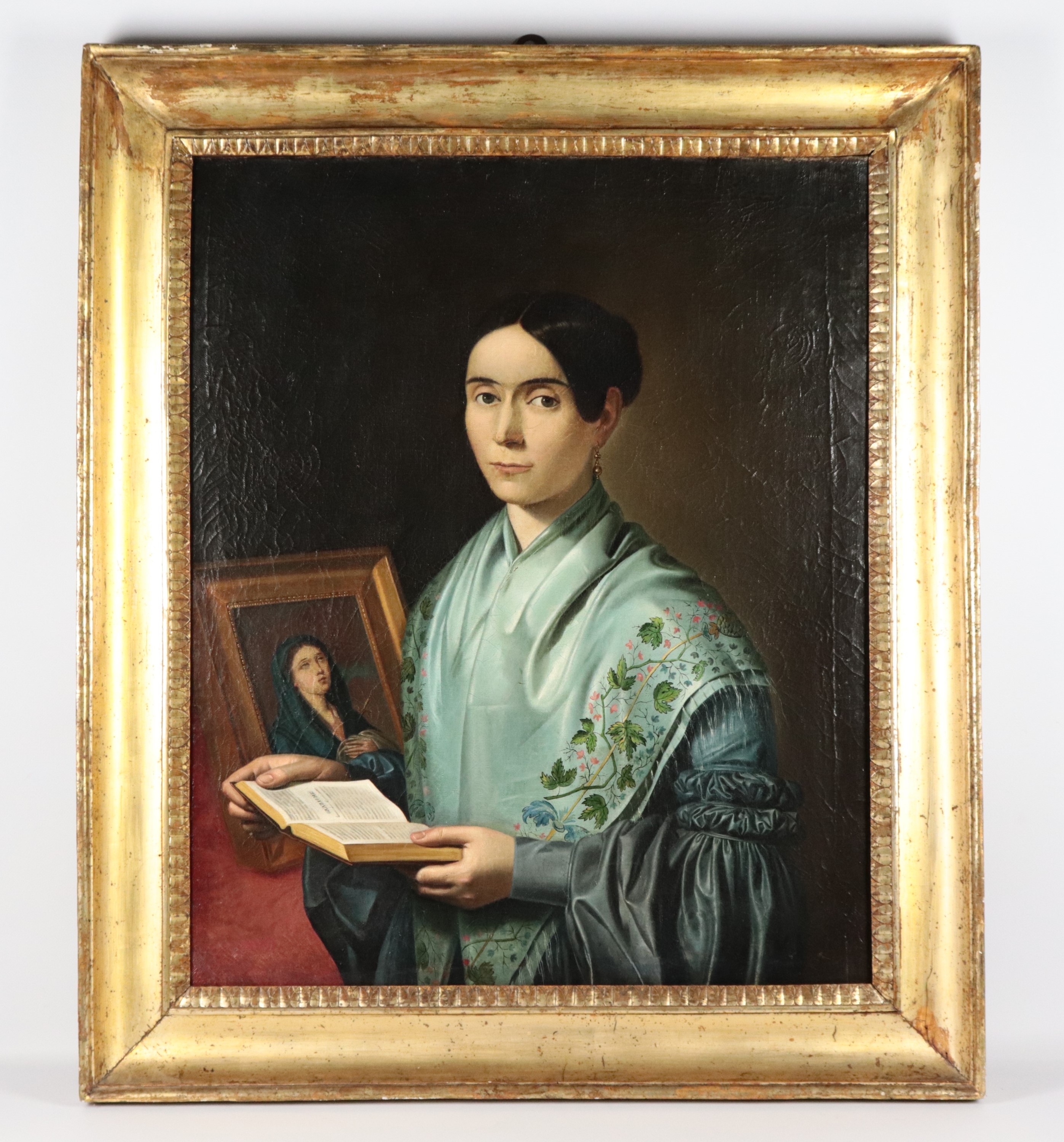 "Ritratto di nobildonna in preghiera", dipinto ad olio su tela in antica cornice in legno dorato ...