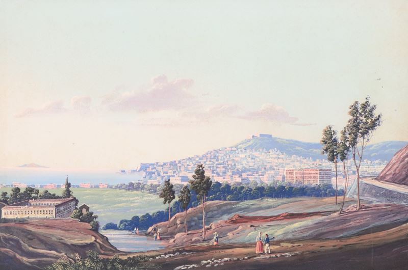 "Veduta di Napoli con Capodimonte", luminosa gouache napoletana in cornice in legno ebanizzato co...