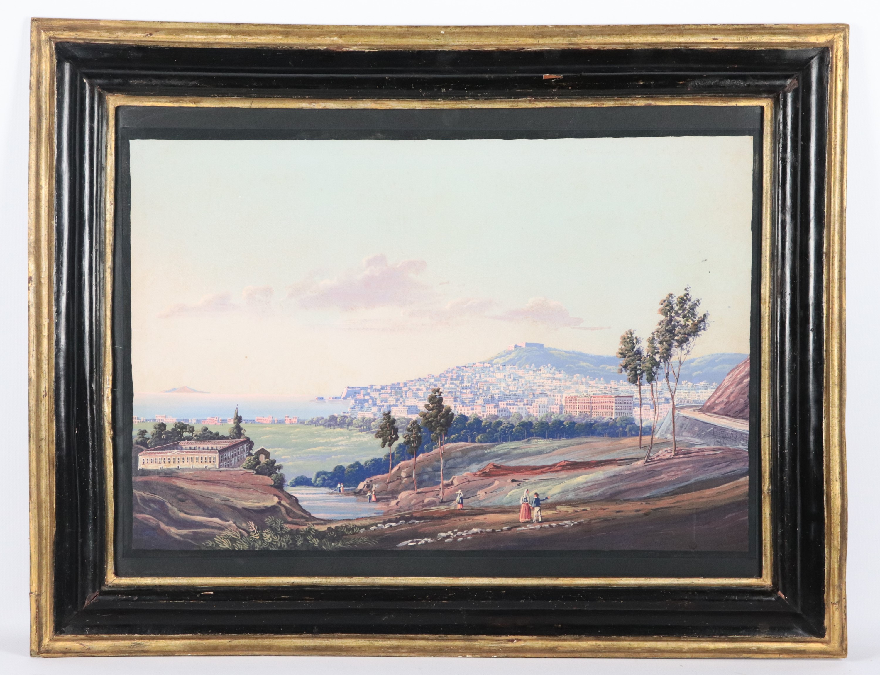 "Veduta di Napoli con Capodimonte", luminosa gouache napoletana in cornice in legno ebanizzato co...
