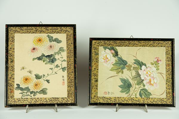 2 Chinese designs on silk "Oriental flowers"