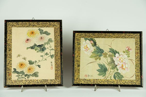 Due Disegni Cinesi su seta "Fiori orientali"