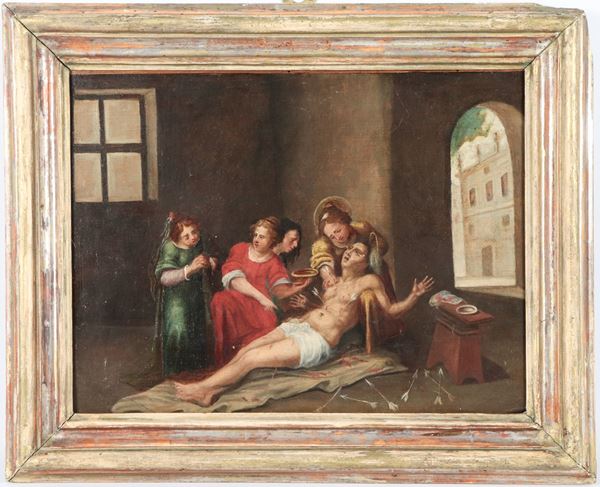 Scuola Italiana Fine XVIII Secolo - "La Deposizione di San Sebastiano", piccolo dipinto ad olio su tavola in cornice in legno dorato