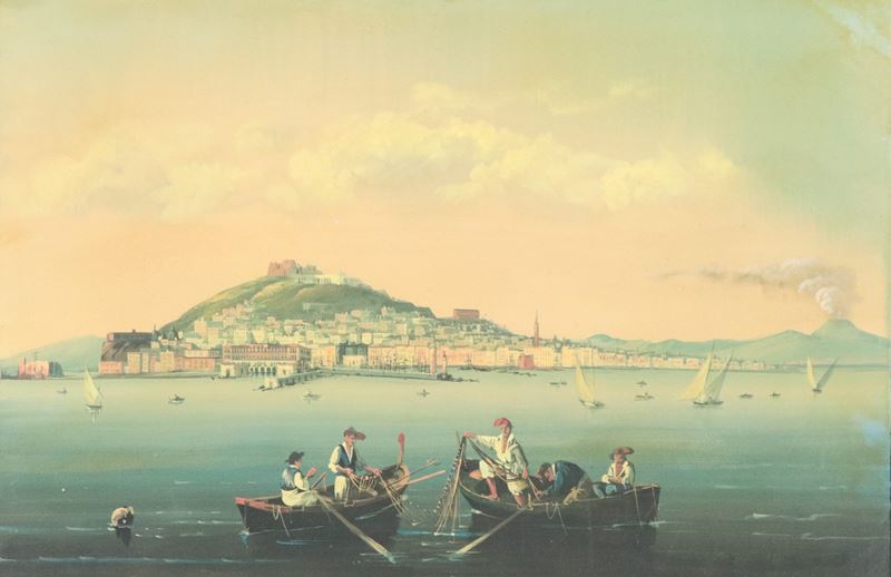 "Veduta di Napoli con il Golfo e barche di pescatori", antica gouache napoletana su carta in corn...