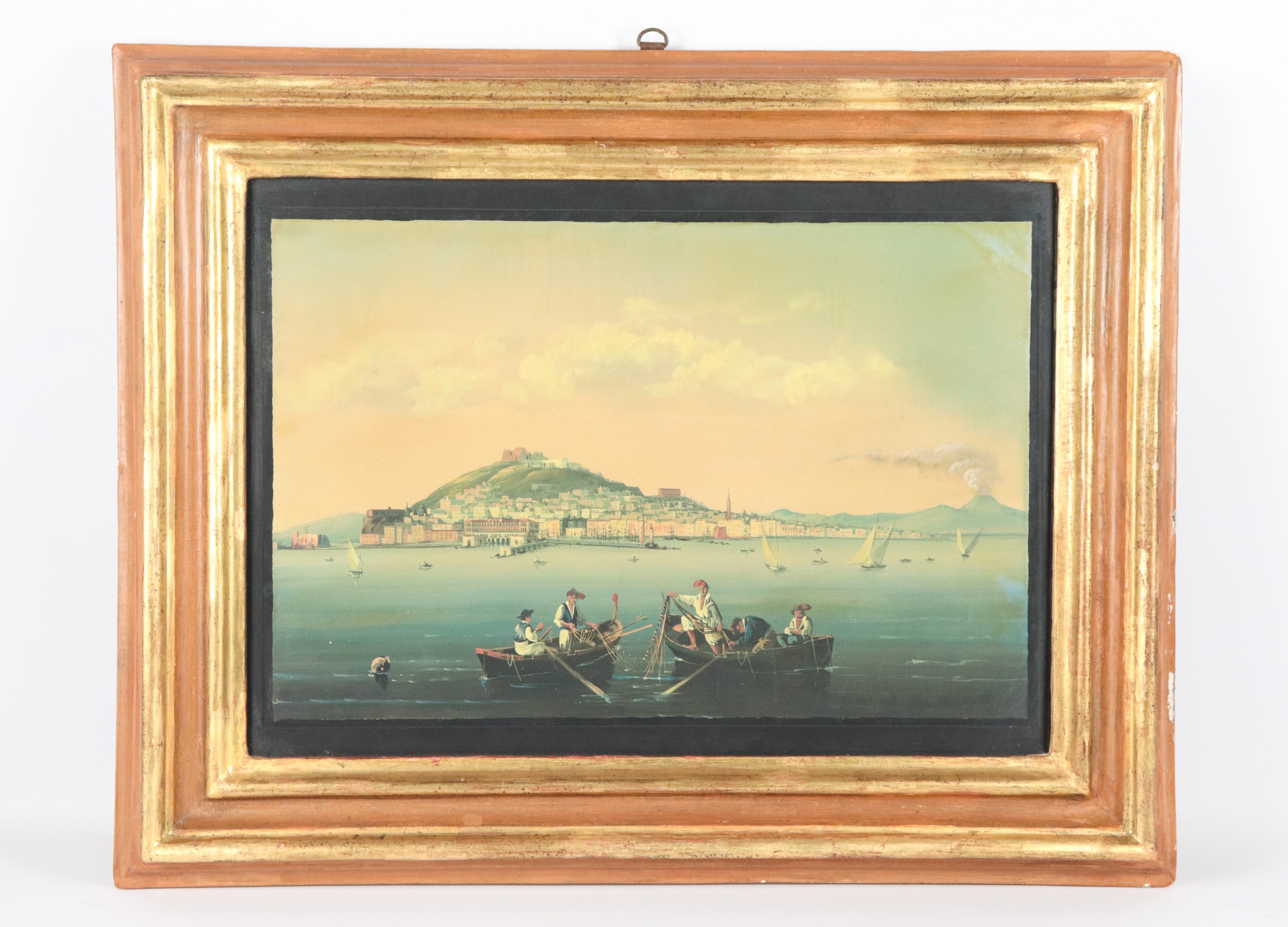 "Veduta di Napoli con il Golfo e barche di pescatori", antica gouache napoletana su carta in corn...