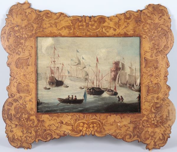 Scuola Francese Inizio XIX Secolo - &quot;Marina with port and sailing ships&quot;, small oil painting on canvas in a pickled wooden frame