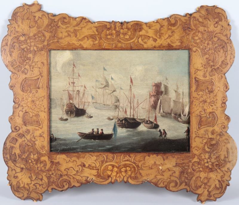 "Marina con porto e velieri", piccolo dipinto ad olio su tela in cornice in legno decapè