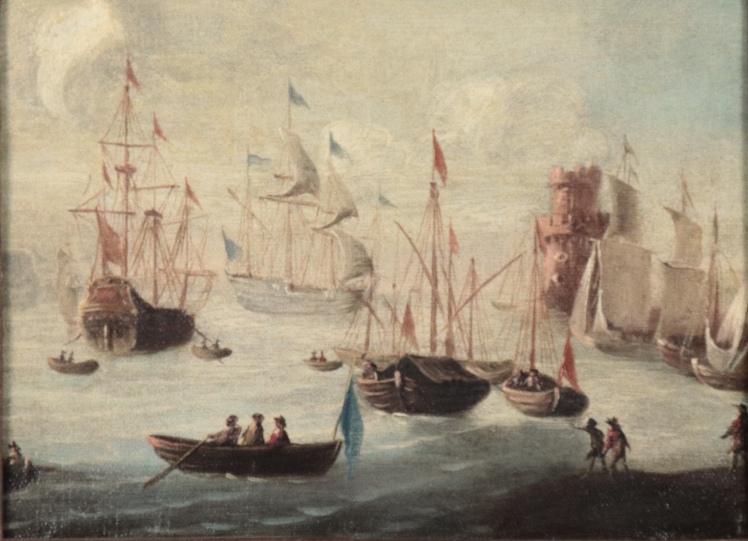 "Marina con porto e velieri", piccolo dipinto ad olio su tela in cornice in legno decapè