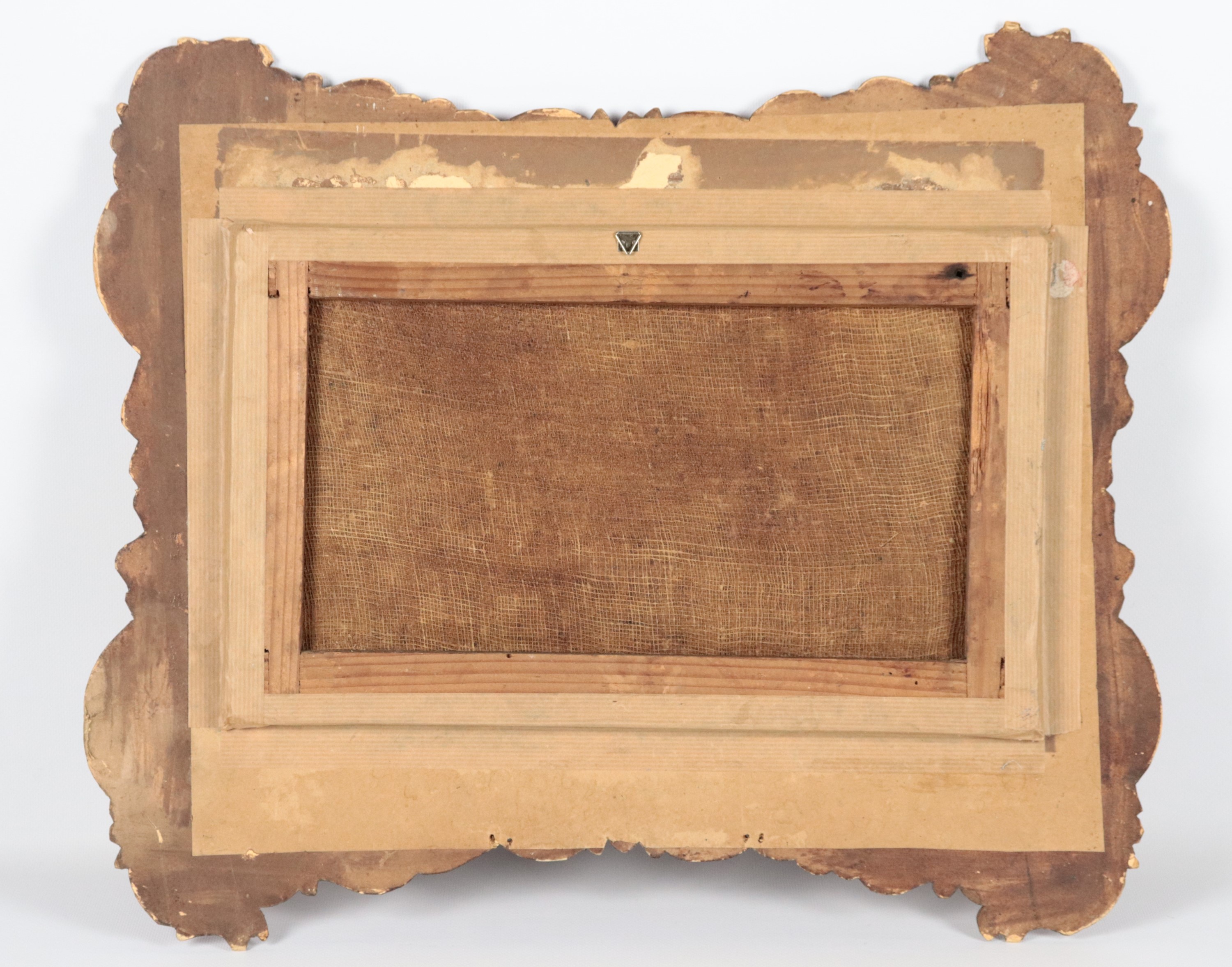 "Marina con porto e velieri", piccolo dipinto ad olio su tela in cornice in legno decapè