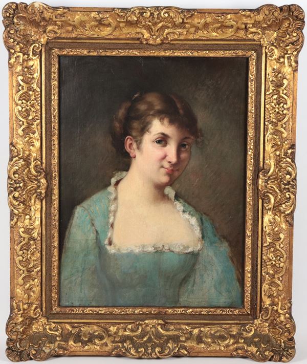 Scuola Veneta Fine XVIII Secolo - &quot;Portrait of a young lady&quot;, oil painting on canvas in a gilded and carved wooden frame