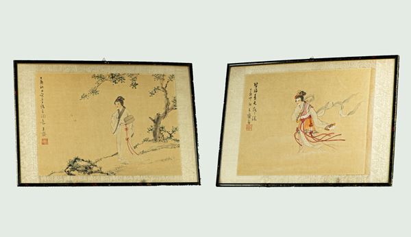 Coppia di disegni Cinesi su carta "Cortigiane"