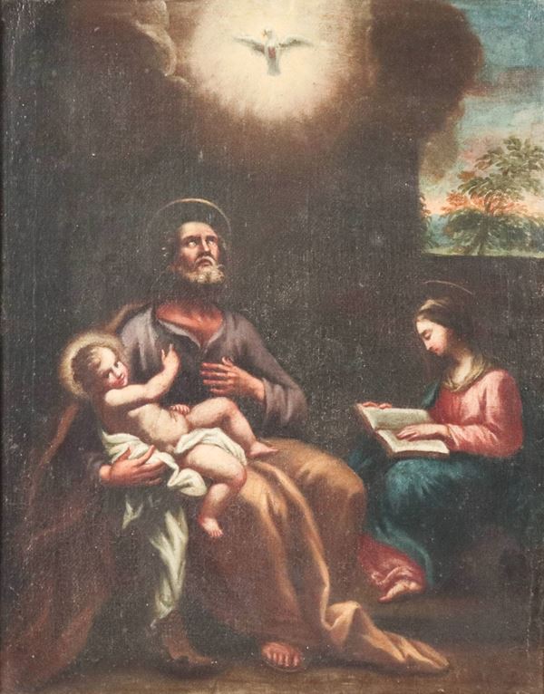 Scuola Bolognese Inizio XVIII Secolo - "Sacra Famiglia con lo Spirito Santo", piccolo dipinto ad olio su tela in cornice decapè intagliata