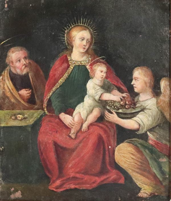 Scuola Alto-Veneto Fine XVIII Secolo - "Sacra Famiglia", piccolo dipinto ad olio su rame in cornice in legno dorato