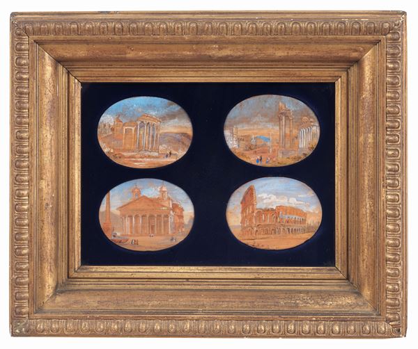 Scuola Romana XIX Secolo - &quot;View of the Roman Forum&quot;, &quot;View of the Colosseum&quot;, &quot;View of the Pantheon&quot; and &quot;View of the Temple of Vesta&quot;, lot of four small oval tempera paintings gathered in a single antique gilded and carved wooden box frame