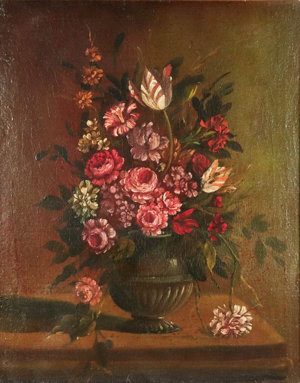 Scuola Lombarda Inizio XVIII Secolo - &quot;Still life of vase with bunch of flowers&quot;, oil painting on canvas in gilded wooden frame