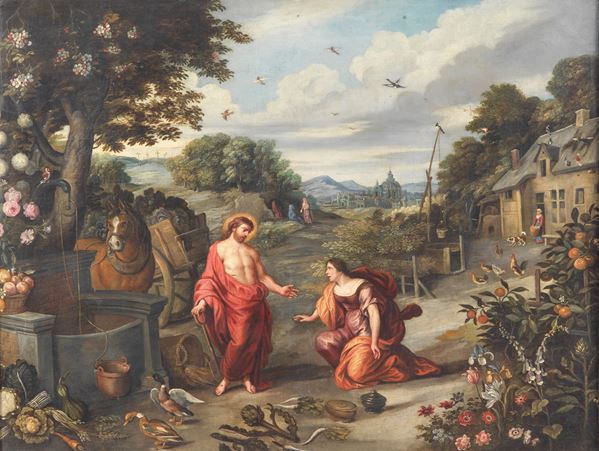 Maestro Fiammingo XVII Secolo - &quot;Jesus and the Samaritan Woman&quot;, a valuable oil painting on canvas of excellent pictorial execution in a gilded and carved wooden frame