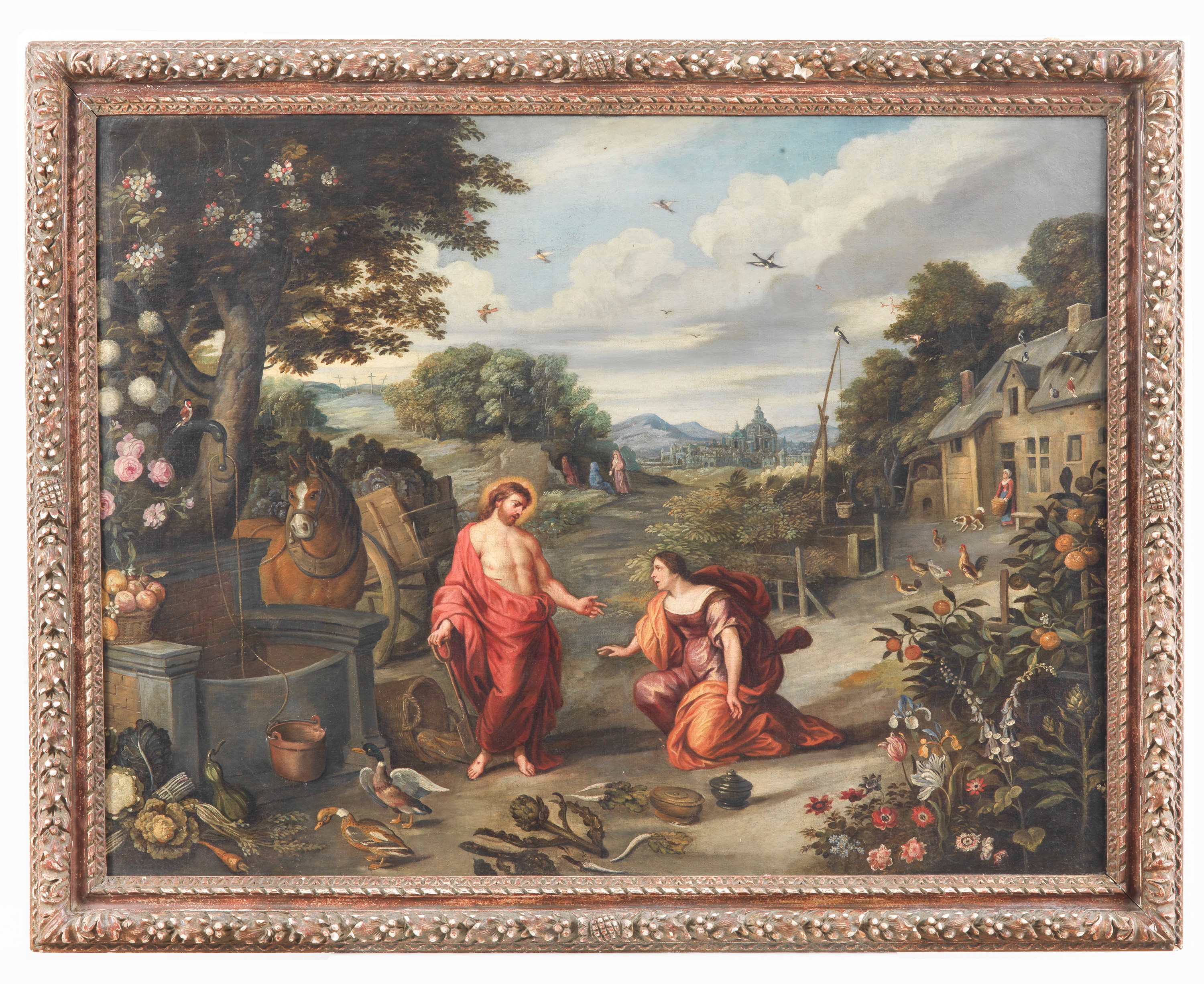 "Gesù e la Samaritana", pregevole dipinto ad olio su tela di ottima esecuzione pittorica in corni...