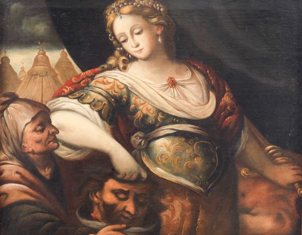 Scuola Veneta Fine XVII Secolo - "Giuditta con la testa di Oloferne", dipinto ad olio su tela in antica cornice in legno decorato a finto marmo